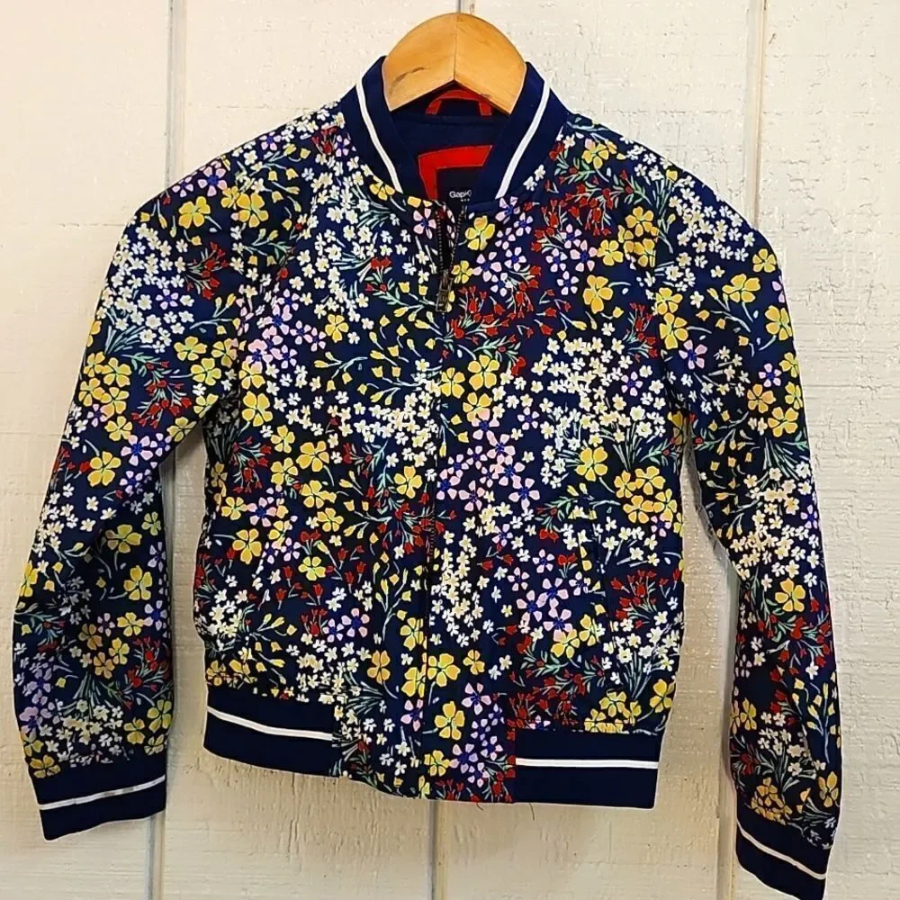 GAP KIDS Girl's Floral Bomber Jacket Smooth Weave Light-weight Medium - Picture 1 of 11